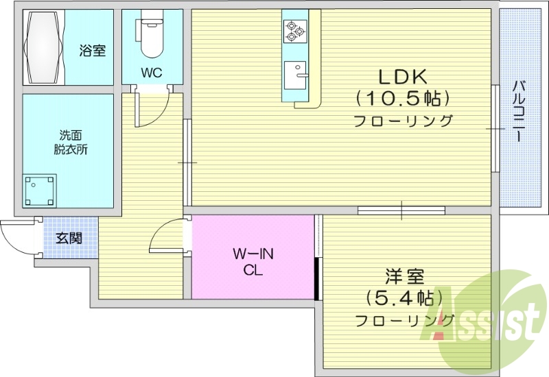 1LDK、バス・トイレ別、温水洗浄付便座、室内洗濯機置場