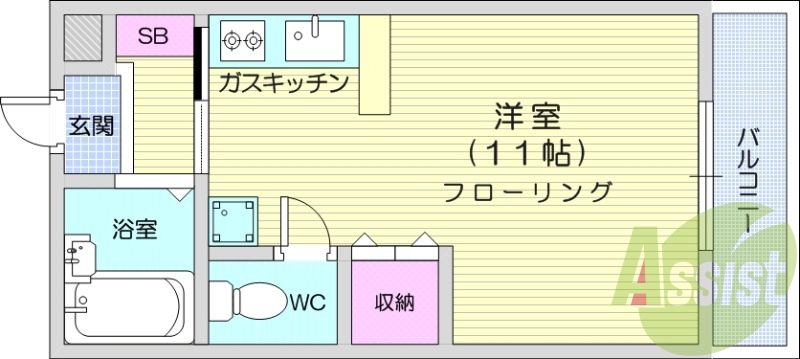 １K、エアコン、洗面台、シャワー、室内洗濯機置場、照明機器