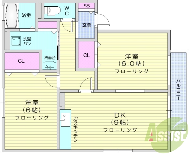 2DK、バルコニー、バストイレ別、南向き、追い焚き給湯