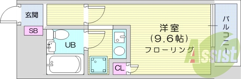 ワンルーム、バルコニー、フローリング、ユニットバス。