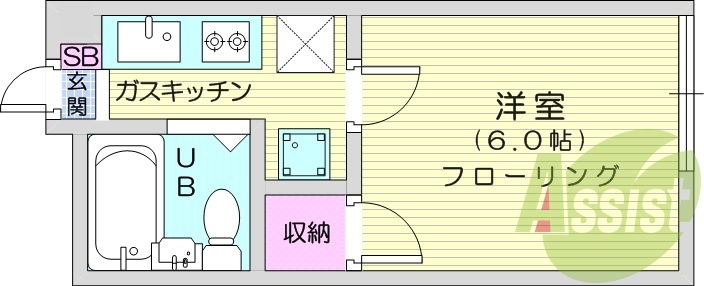 1K、エアコン、ガスコンロ付、収納スペース