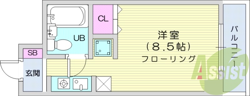 ワンルーム、バルコニー、西向き、フローリング