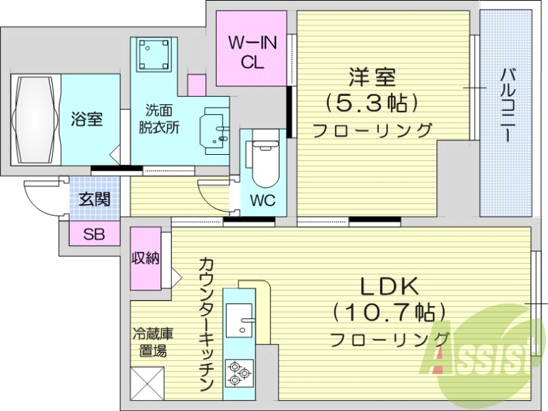 1LDK、IHクッキングヒーター、オートロック。