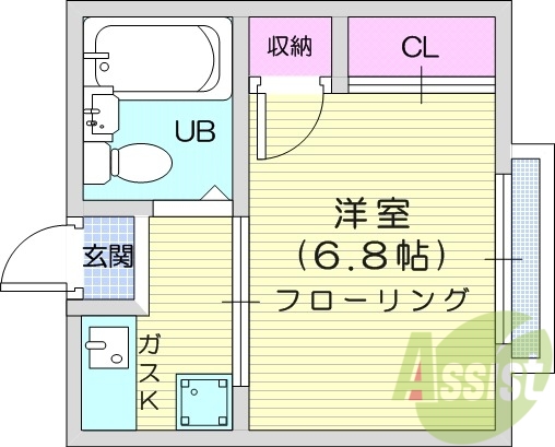 １K、バス・トイレ別、温水洗浄付便座、室内洗濯機置場　