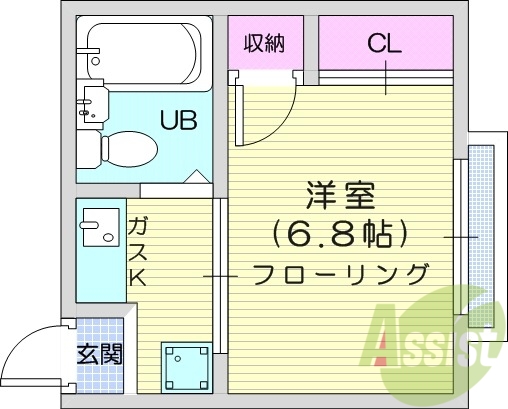 １K、バス・トイレ別、温水洗浄付便座、室内洗濯機置場　
