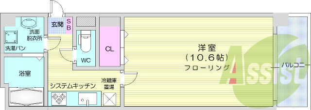 1K、システムキッチン、独立洗面台、シューズボックス、給湯器