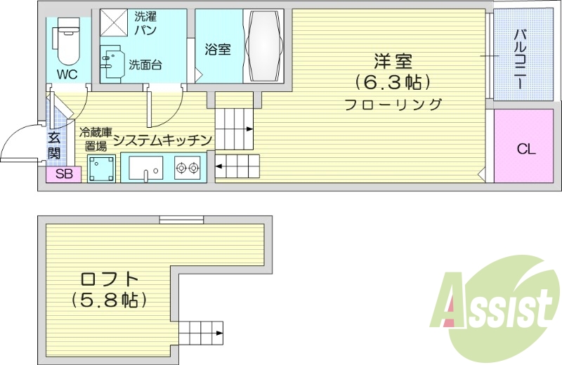 ワンルーム、陽当たり良好、ロフト部分収納スペース有ります。