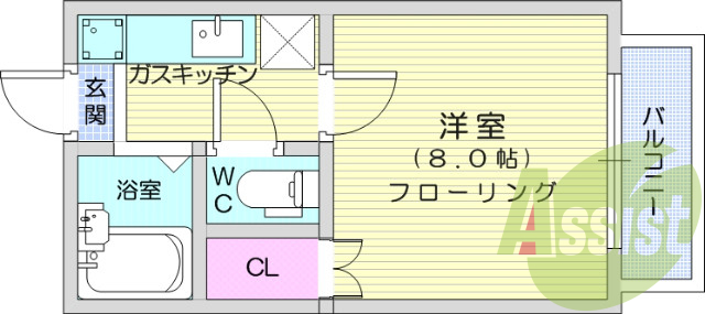 1K、エアコン、室内洗濯機置場、トイレ浴室別、クローゼット