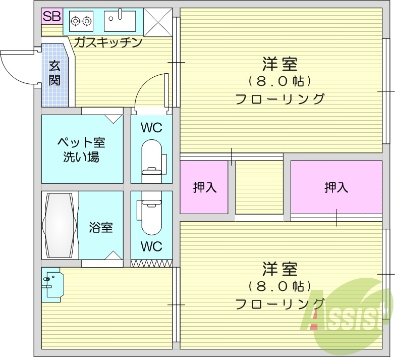 2K・ペット専用流し場・独立洗面台・バルコニー