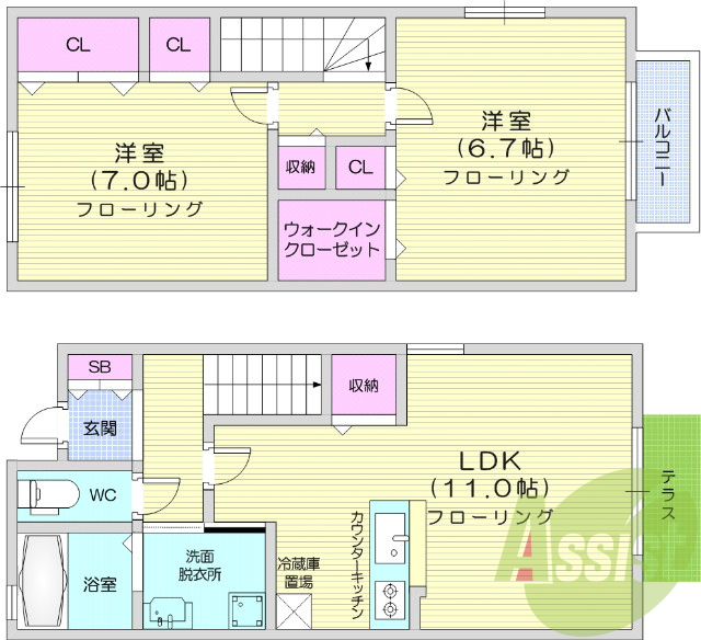 メゾネット、２LDK、テラス、バルコニー、収納