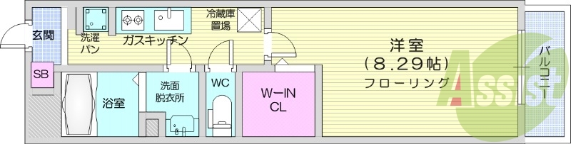 1K、フローリング、ウォークインクローゼット