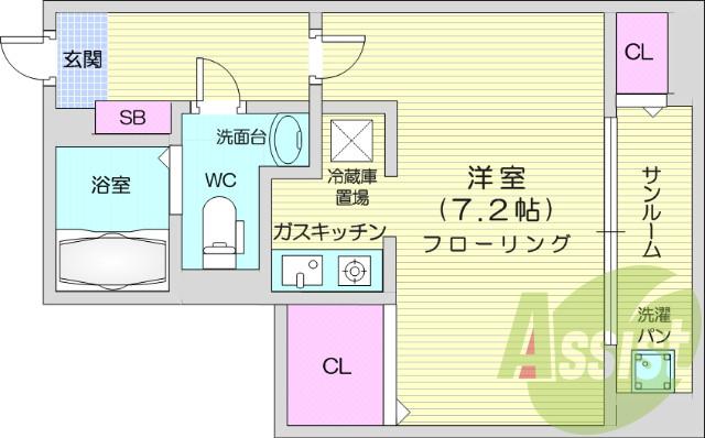 1R、エアコン、バストイレ別、インターネット無料