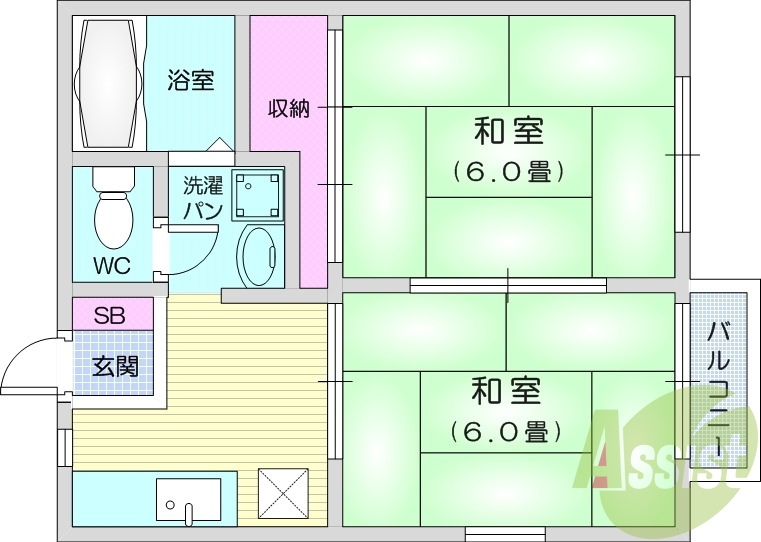 ２DK、エアコン、和室、独立洗面台、シューズボックス