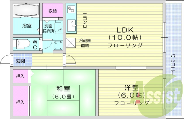 2LDK、バス・トイレ別、ウォシュレット、オール電化