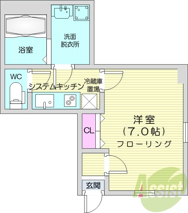 1K、フローリング、エアコン、クローゼット