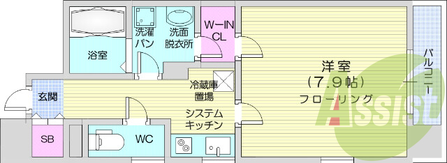 1K、角部屋、バストイレ別、IHコンロのシステムキッチン