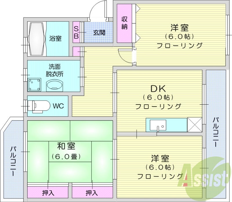 3DK、キッチン、独立洗面台、両面バルコニー