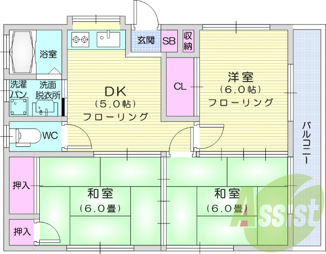 3DK、バストイレ別、独立洗面、エアコン