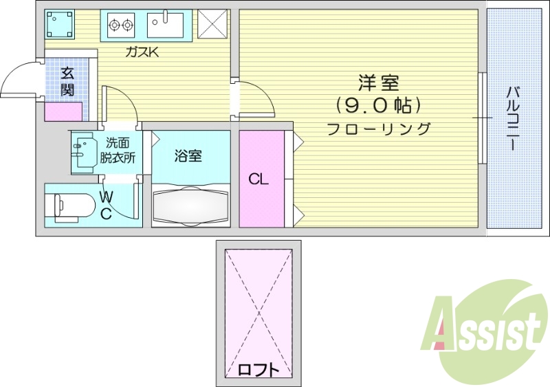 1K、バストイレ別、バルコニー付き、ロフト有