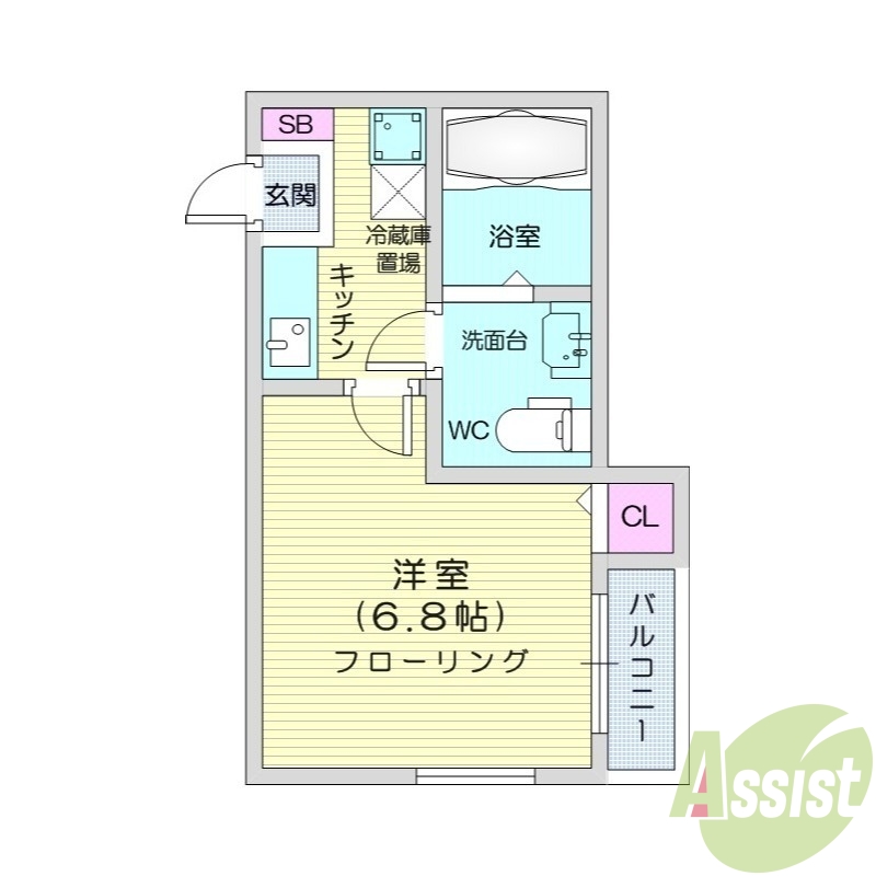 1K、バストイレ別、バルコニー、インターネット無料