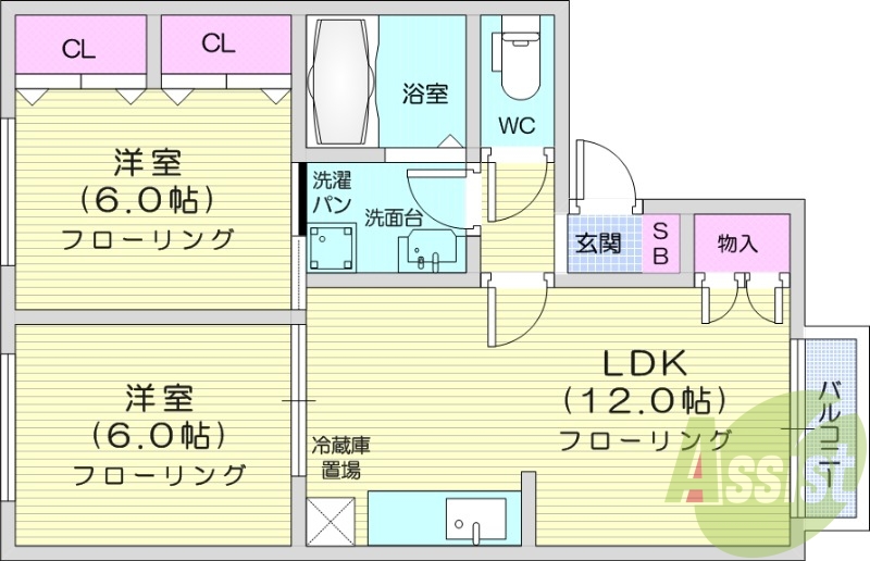 2LDK、バストイレ別、陽当たり良好、室内洗濯置場