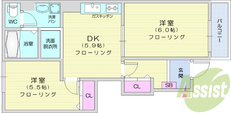 ２DK、エアコン、バストイレ別、モニター付きインターホン