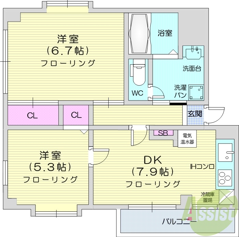 2DK、バストイレ別、オール電化、エアコン