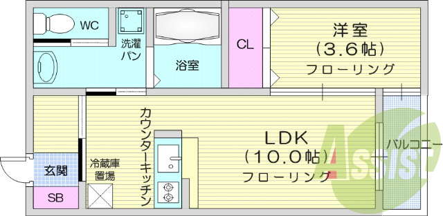１LDK、カウンターキッチン、バストイレ別、追い炊き機能付き