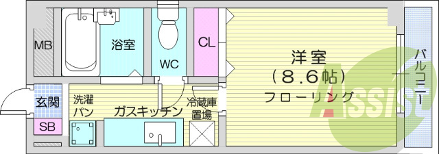1K、都市ガス、オートロック、防犯カメラ、エアコン