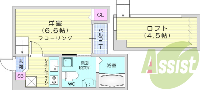 １K、ロフト付き、モニター付きインターホン