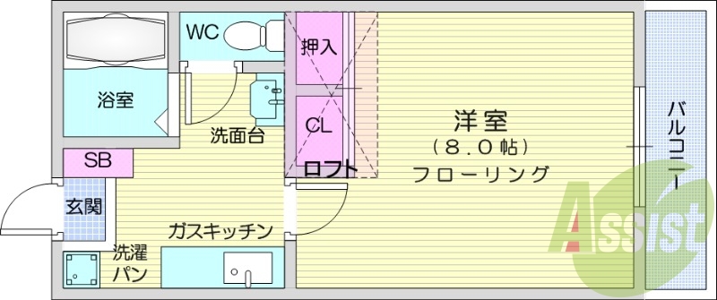 1K、給湯、エアコン、シャンプードレッサー、インターホン