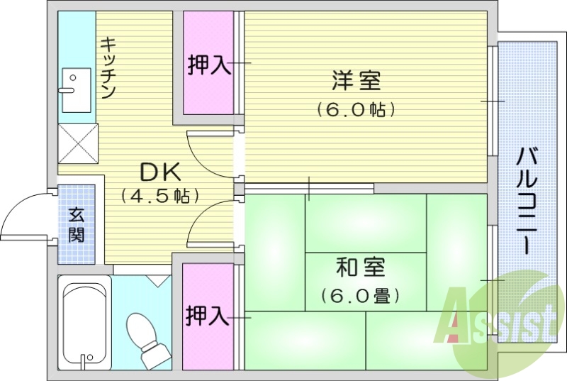 2DK、エアコン、ユニットバス、室内洗濯機置場、フローリング