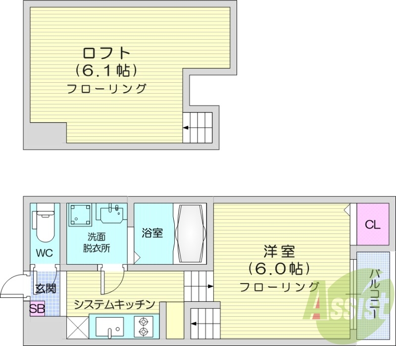 1K、浴室乾燥機、インターネット無料、ロフト、デザイナーズ
