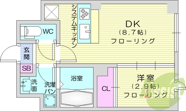 1DK、バストイレ別、浴室乾燥機、システムキッチン