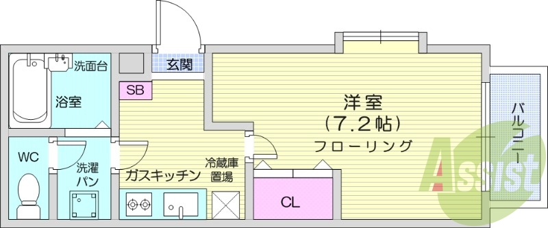 1K、バス・トイレ別、エアコン付き。