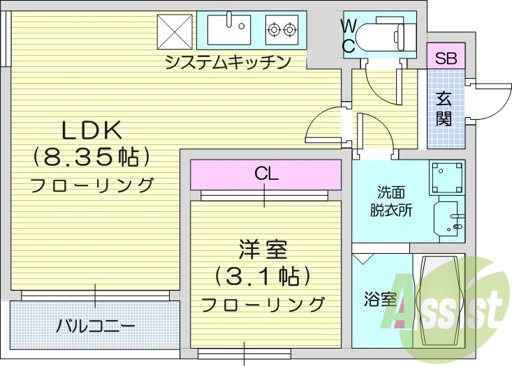 1LDK、システムキッチン、エアコン、浴室乾燥機