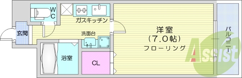 １K、浴室乾燥機、温水洗浄便座、バルコニー。