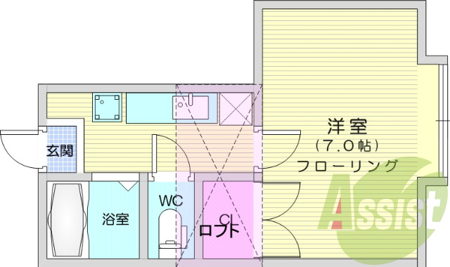 1K、エアコン、バストイレ別、ロフト、モニターインターホン