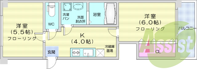 2K、独立洗面台、クローゼット、エアコン、システムキッチン