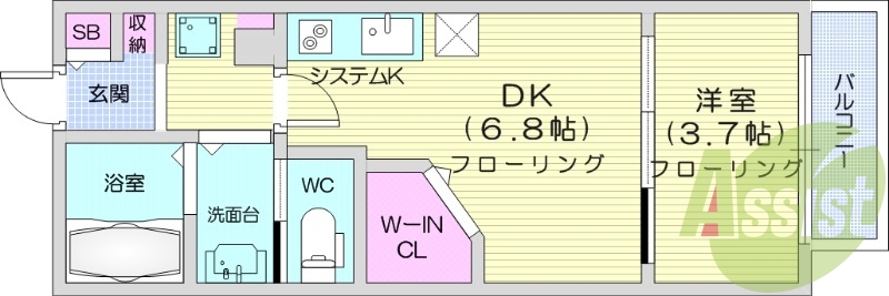 1DK、バルコニー、ウォークインクローゼット