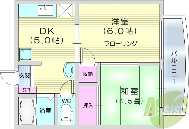 2DK、エアコン、室内洗濯機置き場、トイレ浴室別、収納