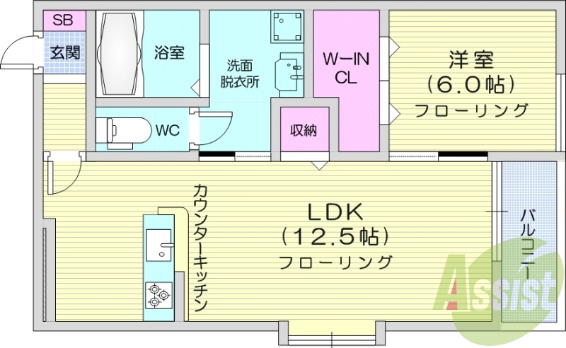 １LDK、カウンターキッチン、洗面脱衣所、エアコン