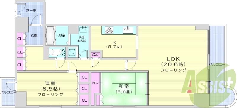 ２LDＫ，フローリング、エアコン、バルコニー