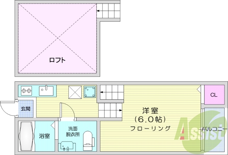 １K、ロフト、システムキッチン、ネット無料、独立洗面台