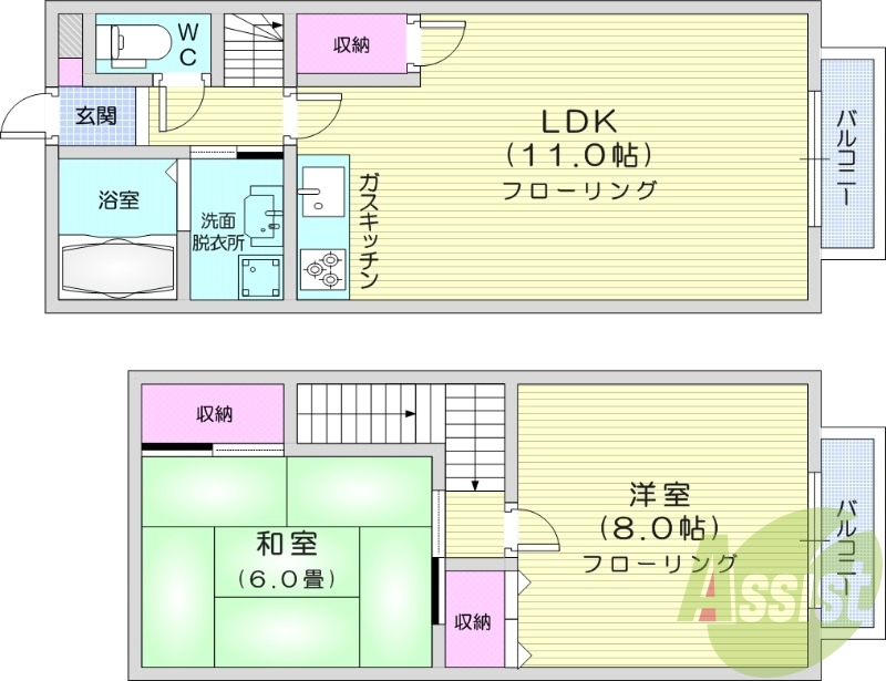 ２LDK、メゾネット、都市ガス、モニターインターホン