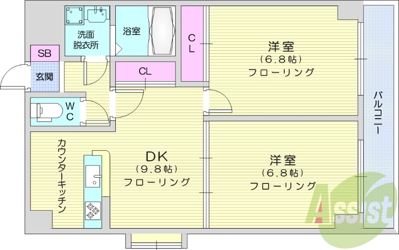 2DK、システムキッチン、ペアガラス、温水洗浄機能、エアコン