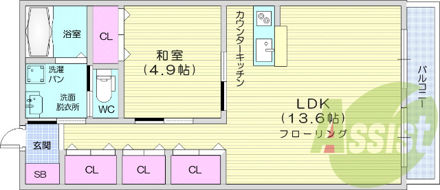 1LDK、バストイレ別、室内洗濯機置き場