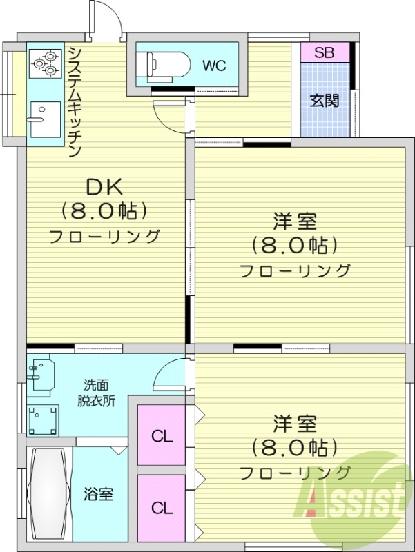 平屋、2DK、システムキッチン、
