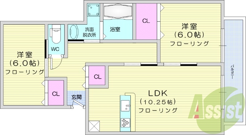 ２LDK、温水洗浄便座、室内洗濯機置き場、ババストイレ別