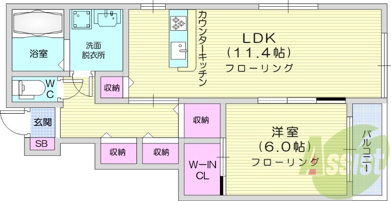1LDK、南向き、ペット相談可能、設備充実